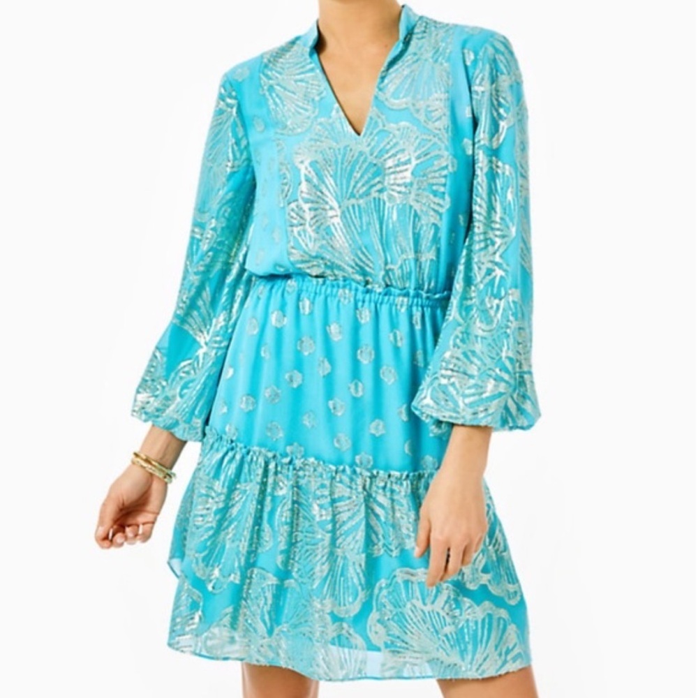 Lilly Pulitzer Joella Silk Metallic Chiffon Mini Dress Bermuda Blue Size 0 (XS)